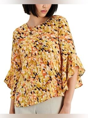 Kasper Floral Print Ruffle Sleeve Blouse in Mustard and Peach